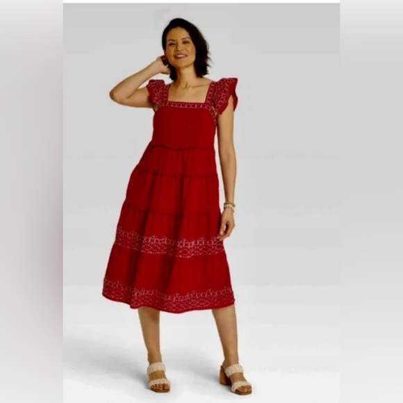 Knox Rose Dresses & Skirts - Knox Rose Red Ruffle Boho Embroidered Tiered Flowy Summer Maxi Dress Pockets XL